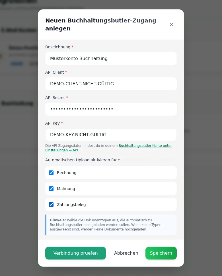 BuchhaltungsButler-Verbindungsdialog mit synthetischen API-Zugangsdaten und ausgewählten Dokumenttypen