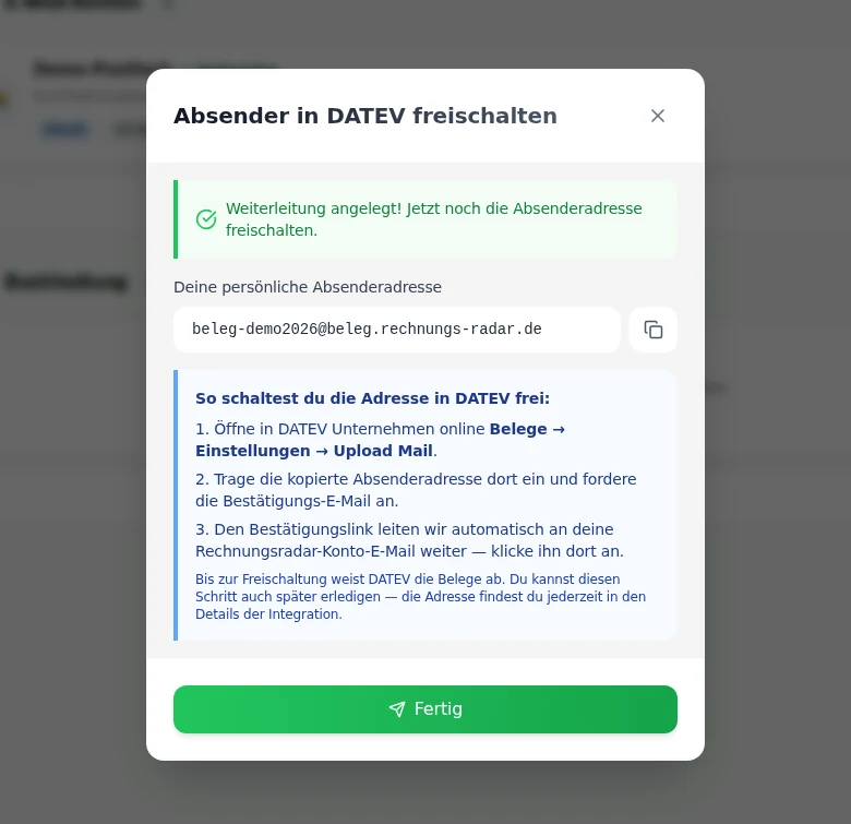 Rechnungsradar-Dialog zum Freischalten einer synthetischen persönlichen Absenderadresse in DATEV