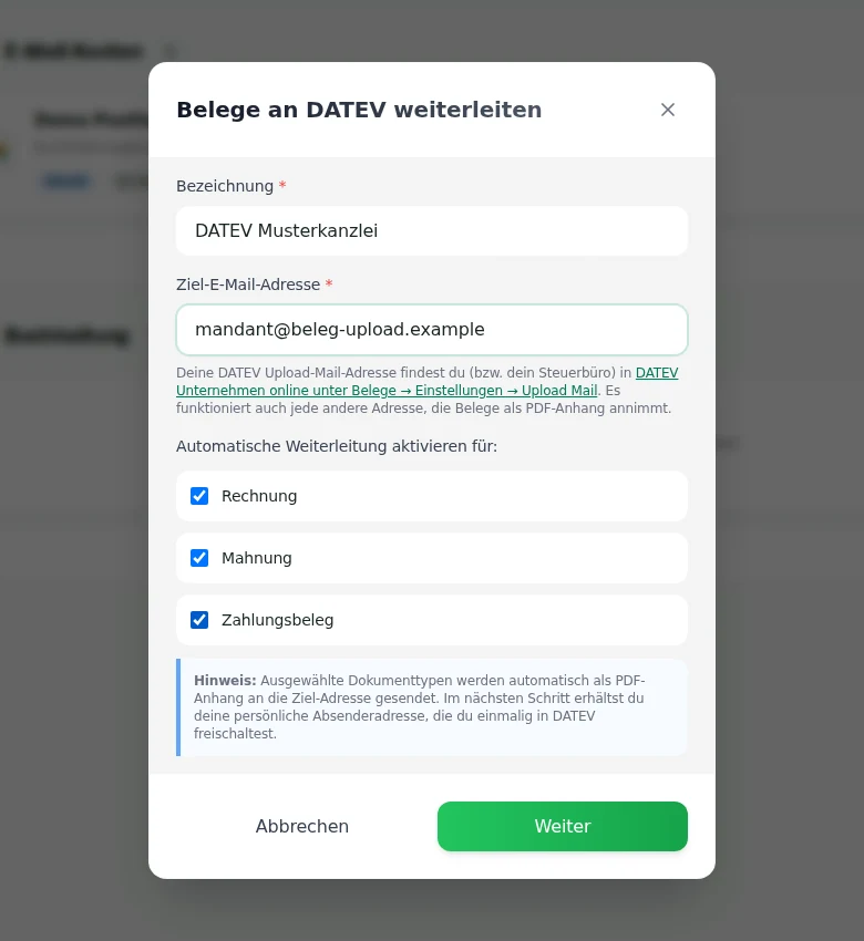 Formular für eine DATEV- oder E-Mail-Weiterleitung mit synthetischer Zieladresse und ausgewählten Dokumenttypen
