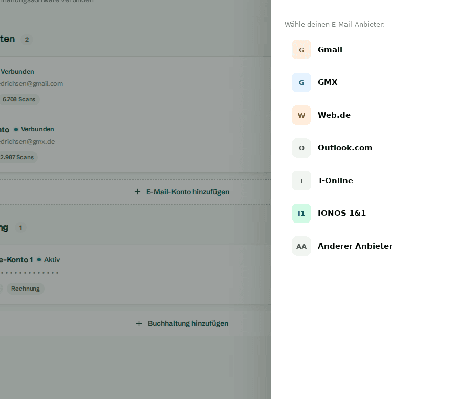 Anbieter-Auswahl für neues E-Mail-Konto aus dem Integrationen-Bereich