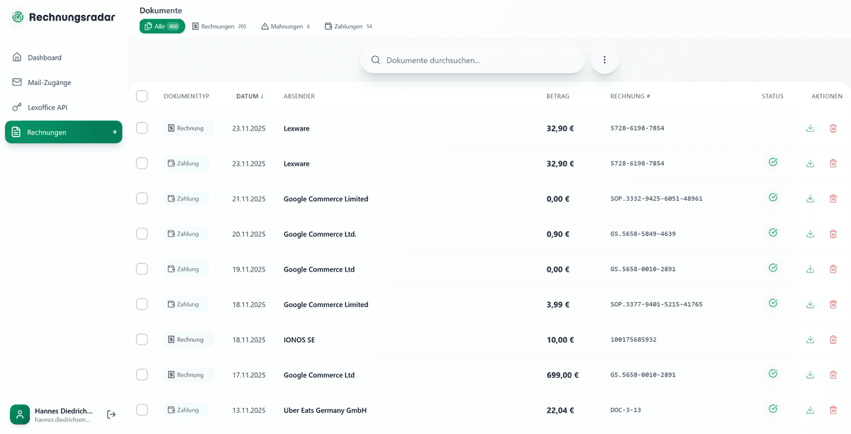 Dokumenttyp-Filter (Pillen) oberhalb der Rechnungsliste