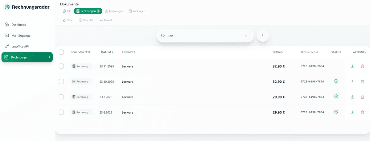 Aktive Suche nach 'Amazon' mit Dokumenttyp-Filter 'Rechnungen'