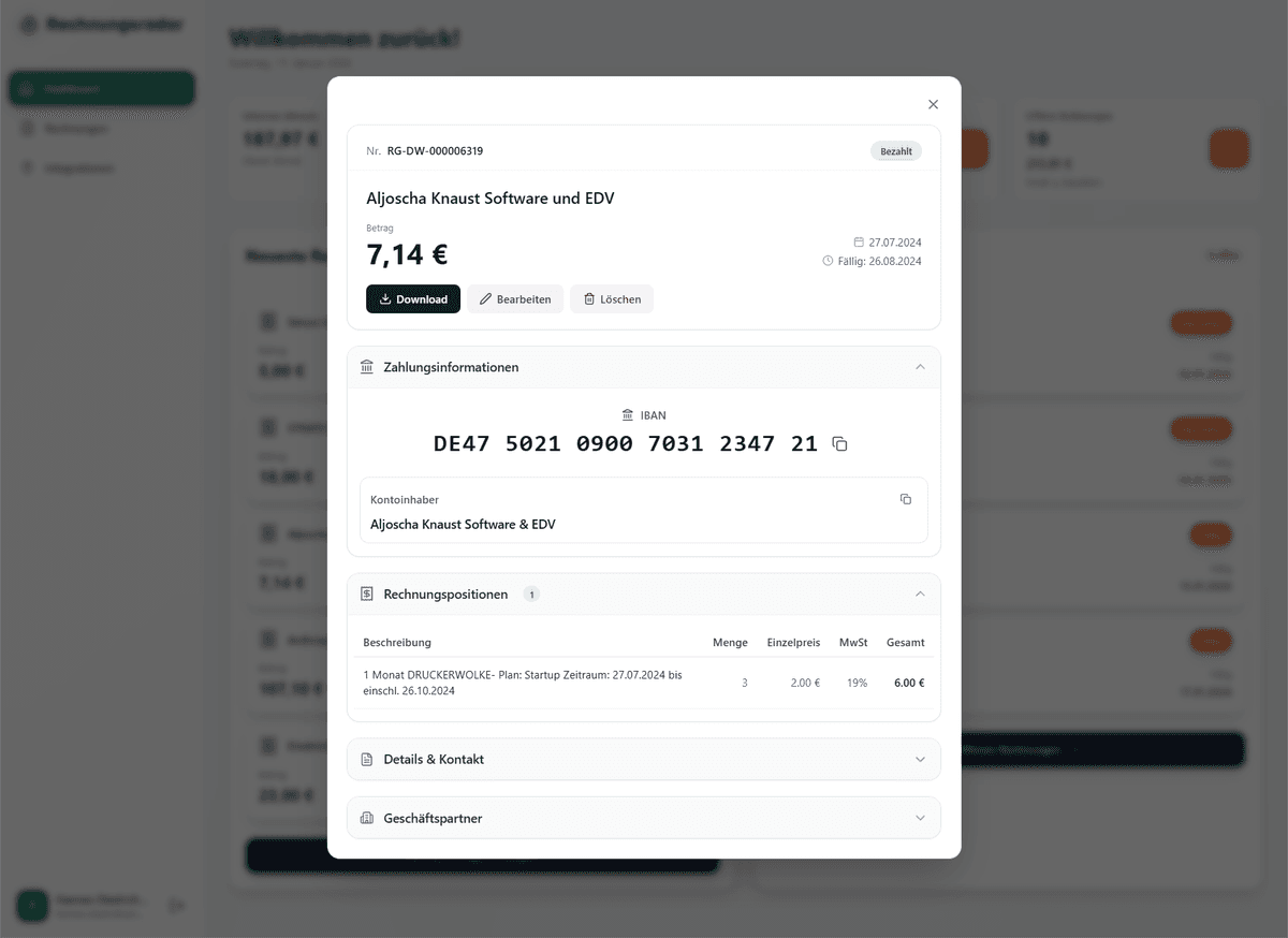 Erkannte Rechnung mit extrahierten Daten
