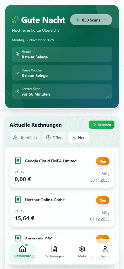Rechnungsradar Mobile Dashboard