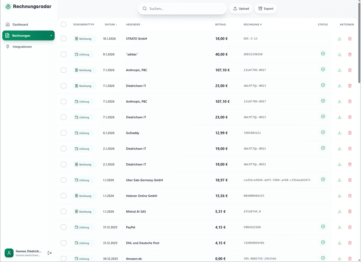 Rechnungsübersicht im Dashboard