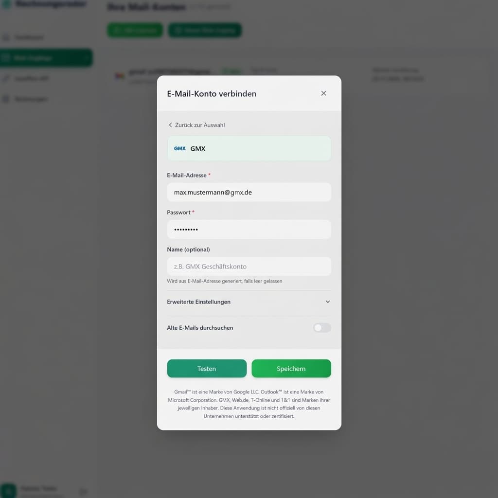 Eingabe der Zugangsdaten am Beispiel GMX