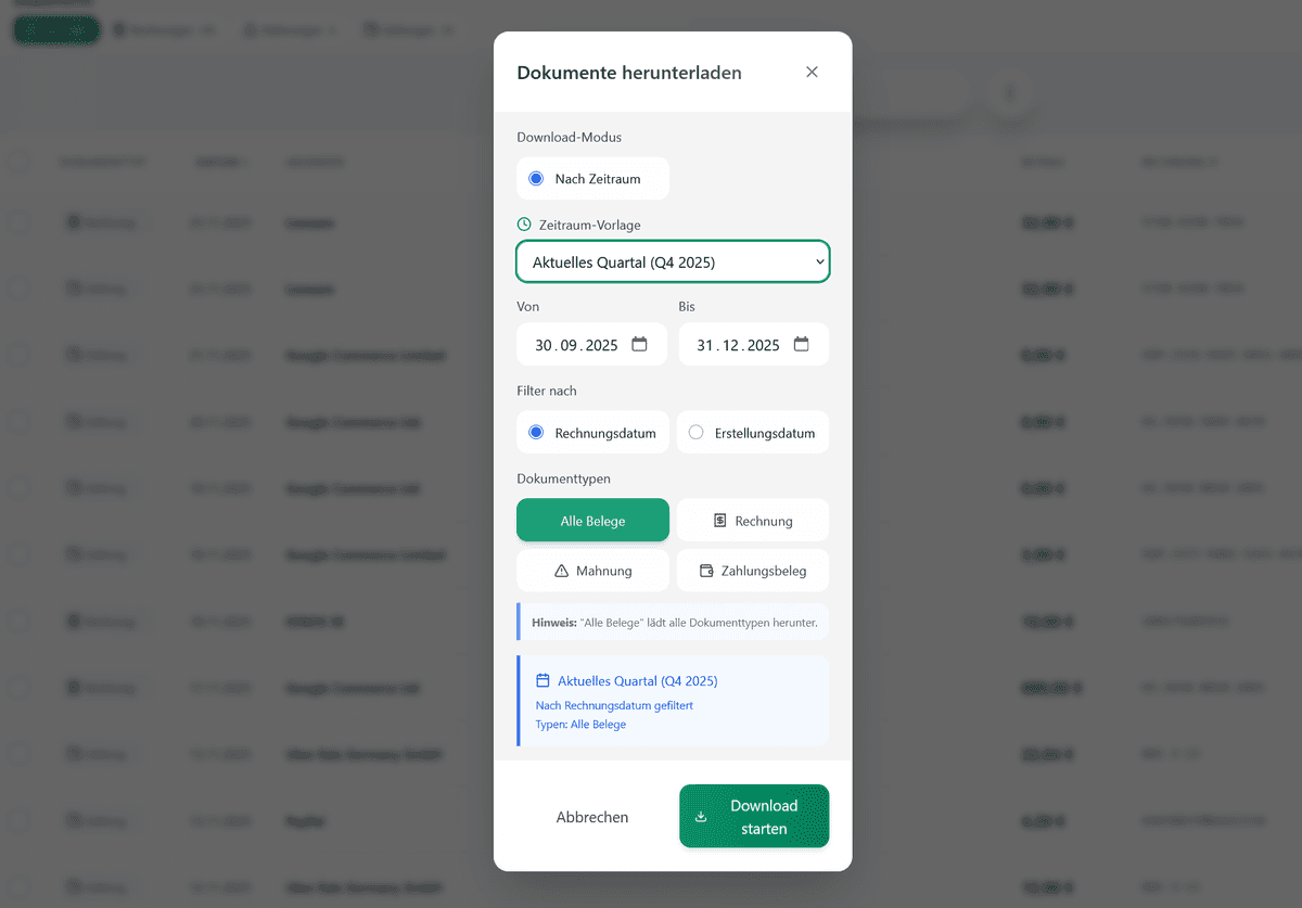 Dokumenttyp und Zeitraum Auswahl im Export-Bereich