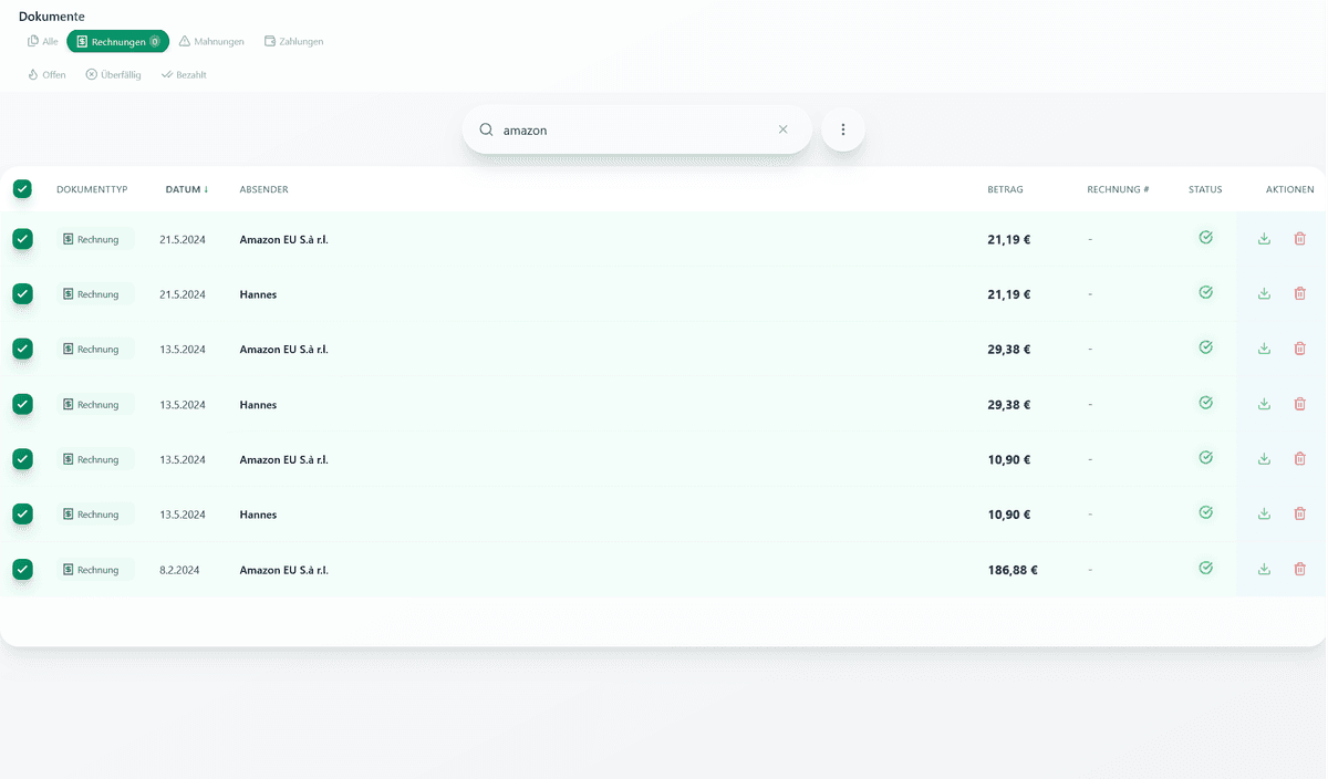 Export-Ansicht mit aktiver Suche und Filterung