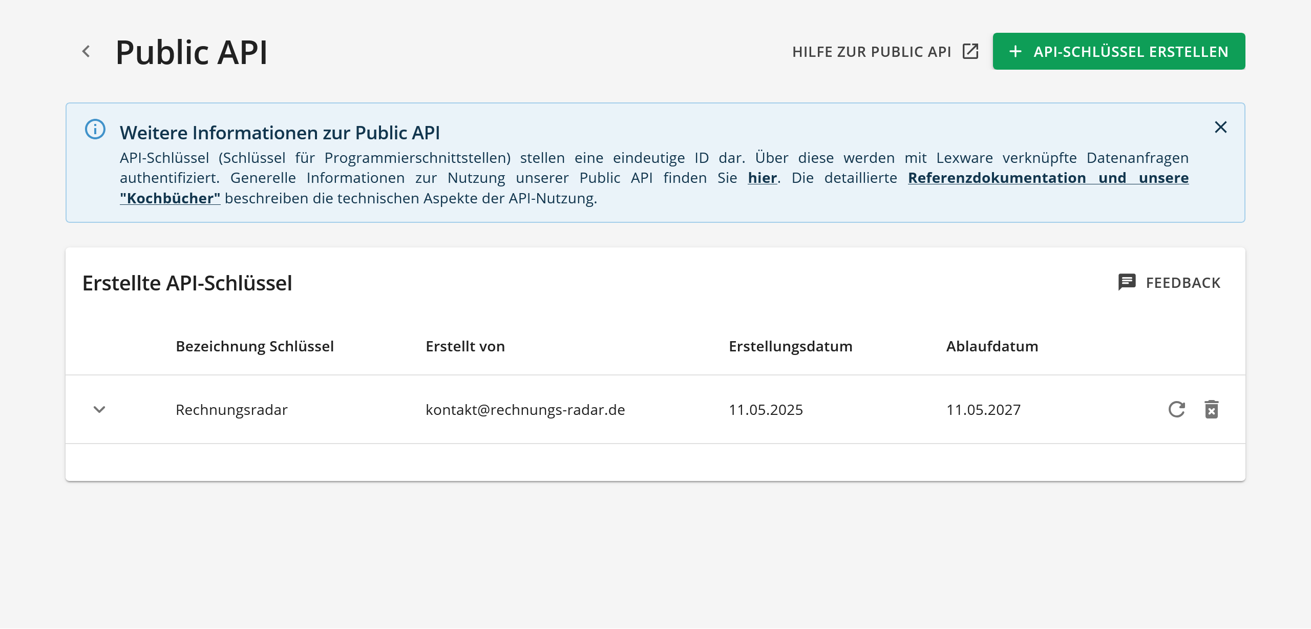 Lexoffice Public API Seite mit Button zum Erstellen eines neuen API-Schlüssels