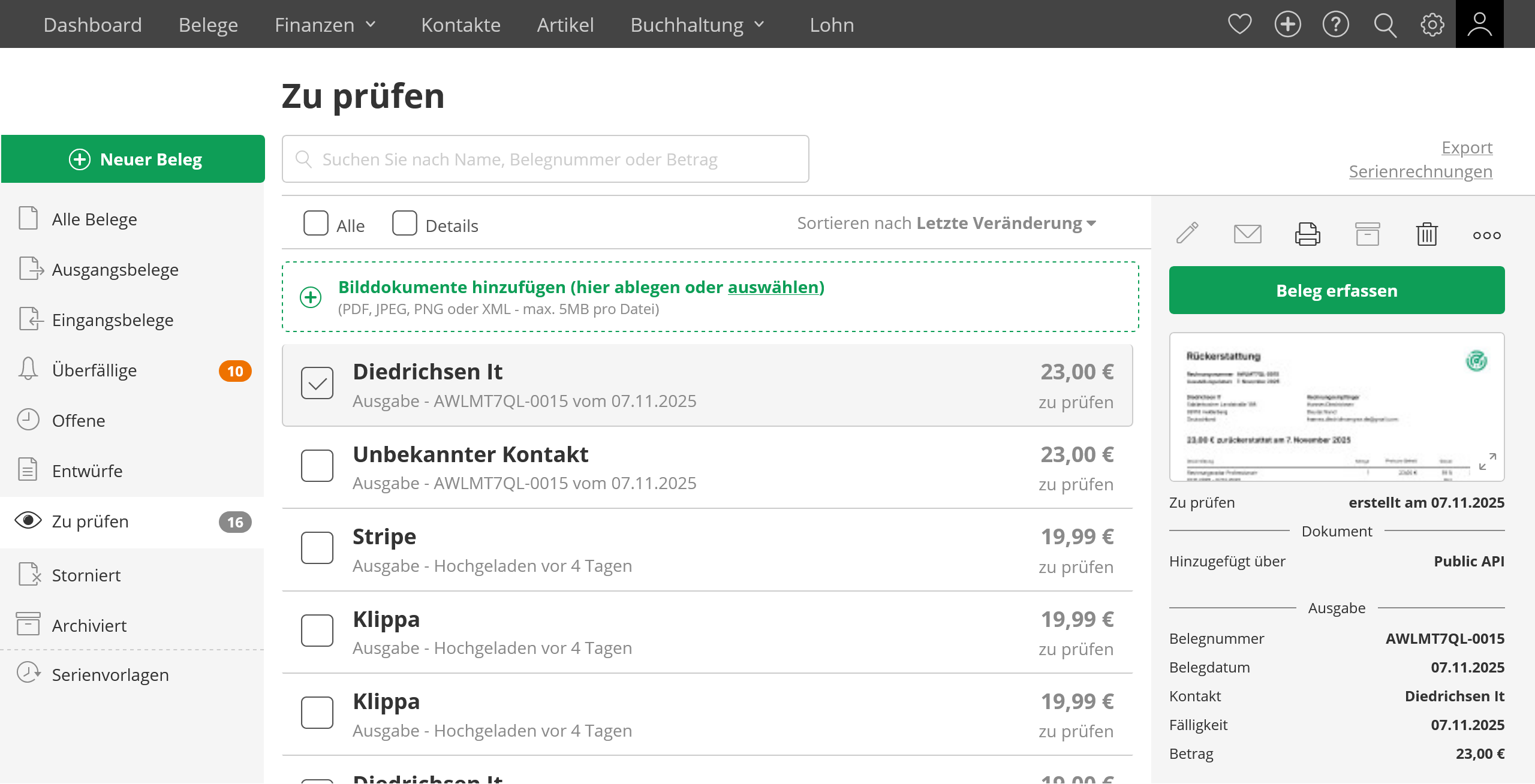 Lexoffice Bereich 'zu prüfen' mit hochgeladenen Belegen