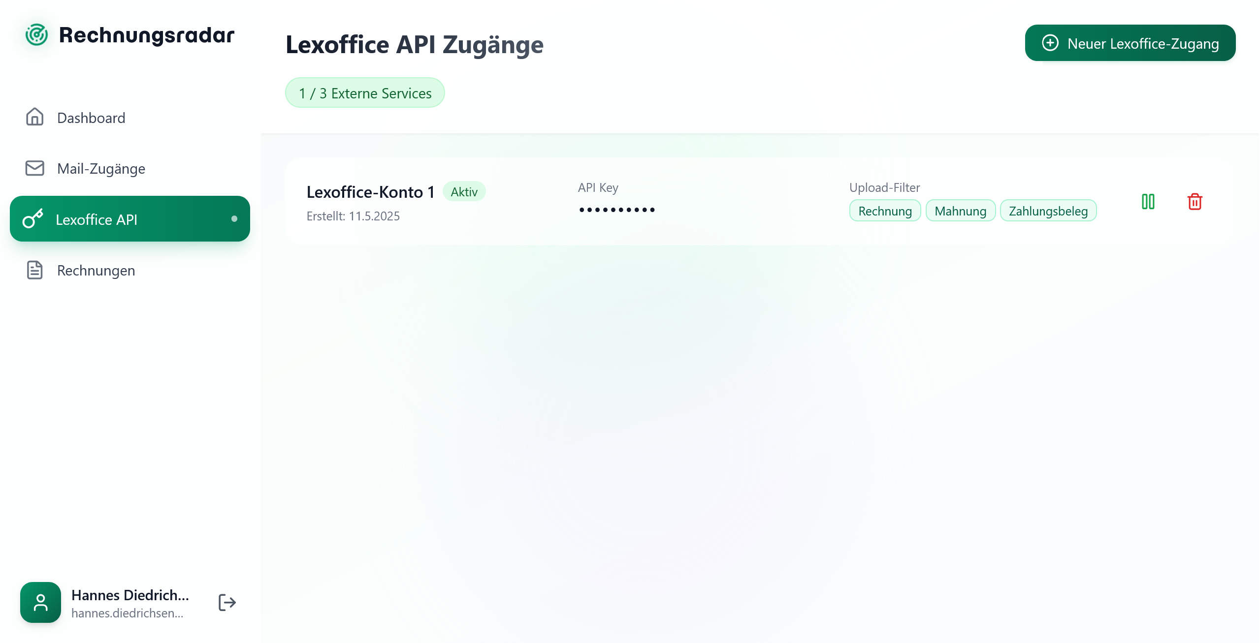 Erfolgreich verbundenes Lexoffice-Konto in Rechnungsradar
