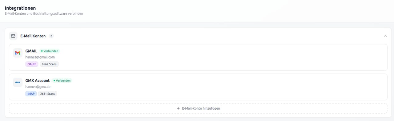 E-Mail-Konten in Rechnungsradar verbinden