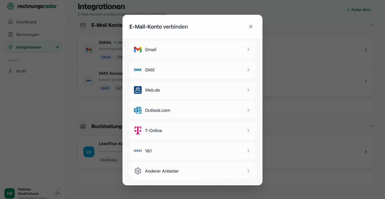 Gmail als E-Mail-Anbieter in Rechnungsradar auswählen