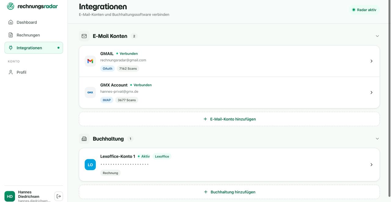 Verbundenes Gmail-Konto und aktive Lexware-Office-Integration in Rechnungsradar
