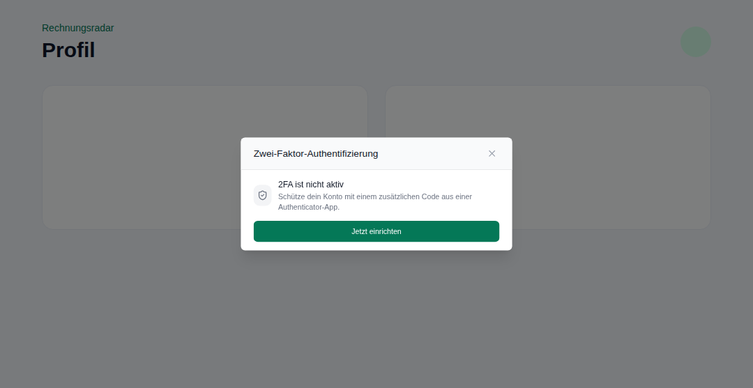 Zwei-Faktor-Authentifizierung in den Sicherheitseinstellungen von Rechnungsradar einrichten