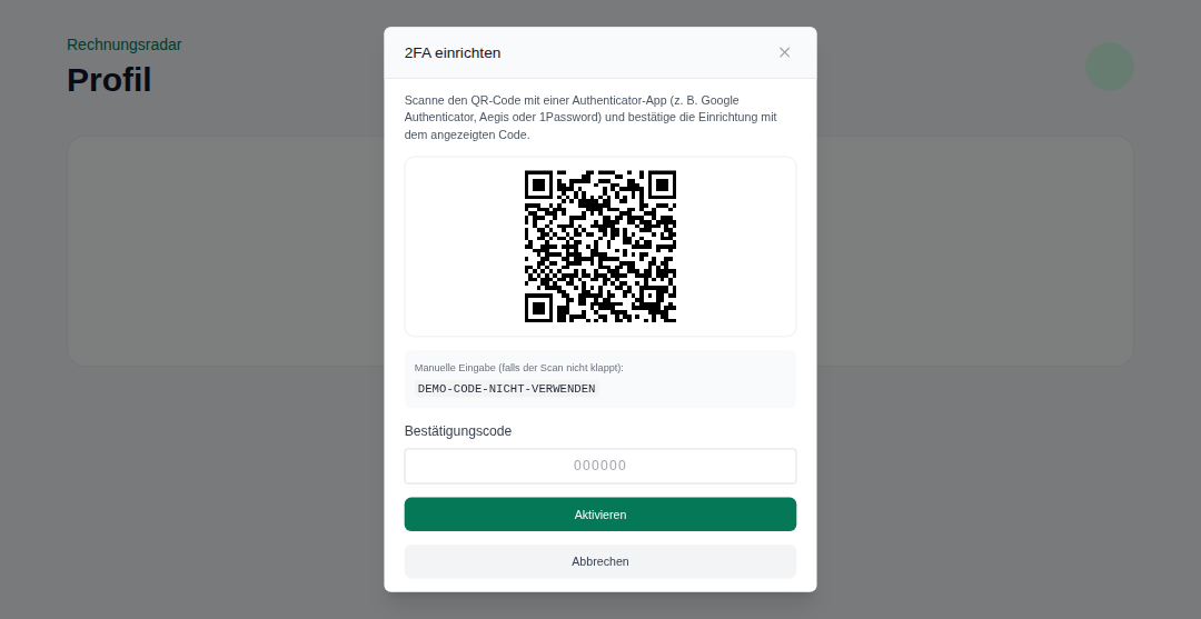 QR-Code für die Einrichtung einer Authenticator-App bei Rechnungsradar