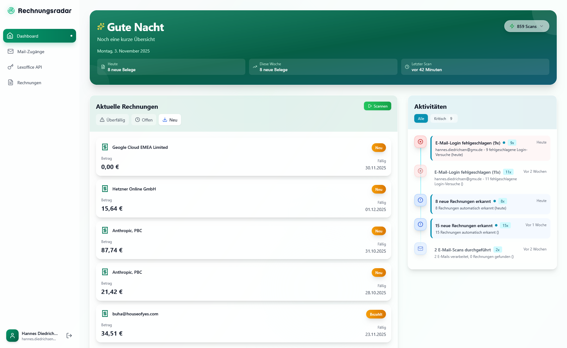 Rechnungsradar Dashboard - Alle Rechnungen auf einen Blick