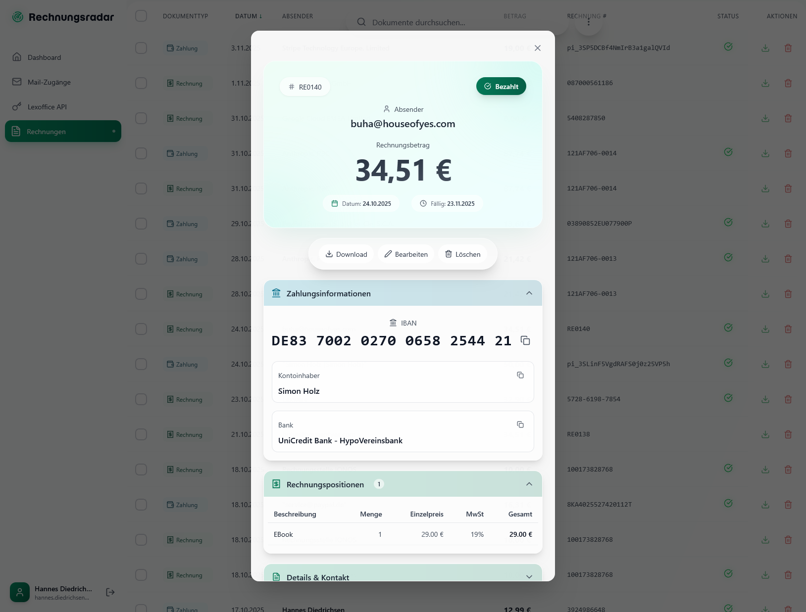 Detailansicht einer erkannten Rechnung mit IBAN und Rechnungspositionen