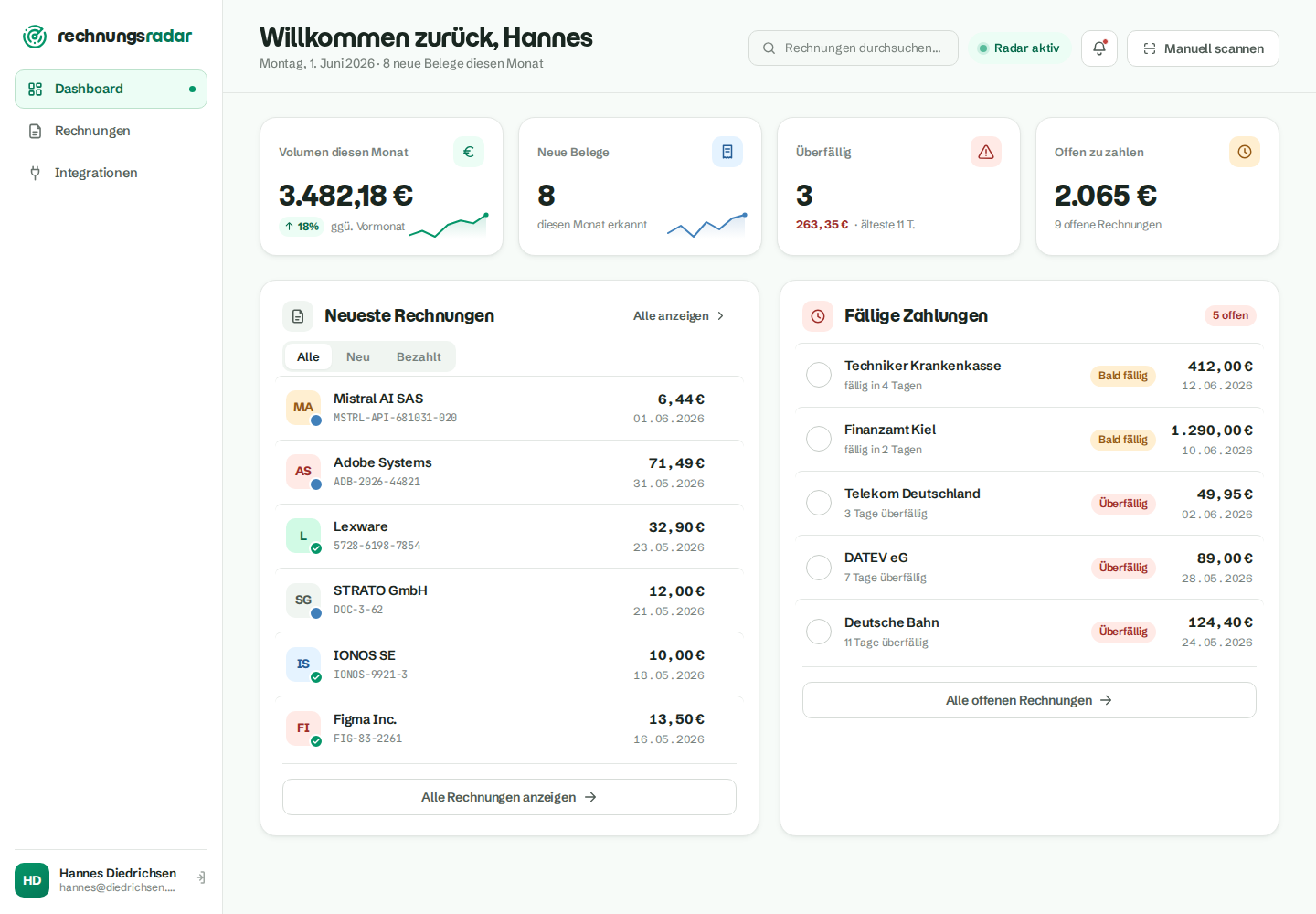 Rechnungsradar Dashboard mit Kennzahlen, neuesten Rechnungen und fälligen Zahlungen