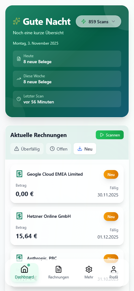 Rechnungsradar Mobile Dashboard
