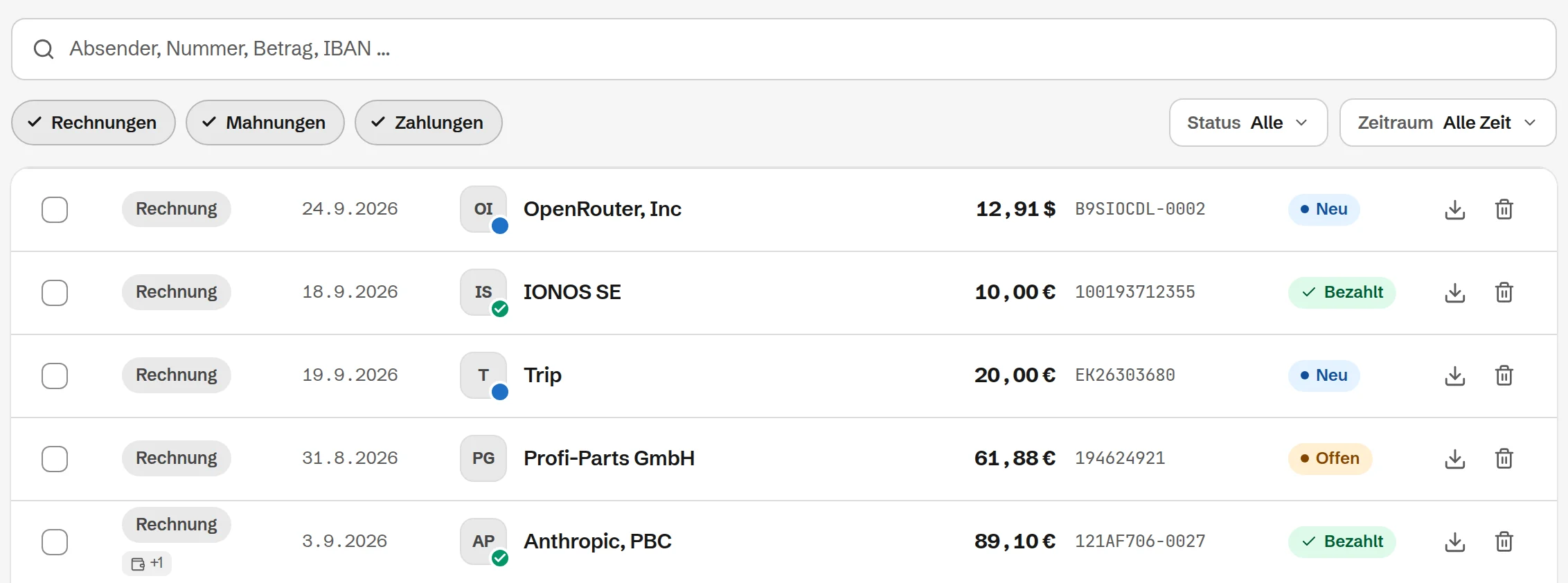 Belegliste in Rechnungsradar mit Rechnungen von OpenRouter, IONOS, Trip, Profi-Parts und Anthropic